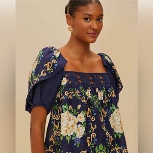 FARM Rio Blue Flower Tapestry Yoke Blouse